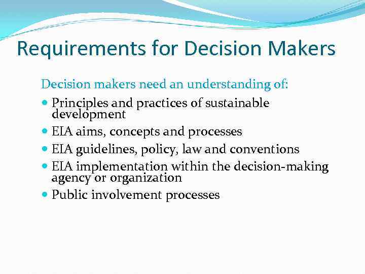 Requirements for Decision Makers Decision makers need an understanding of: Principles and practices of