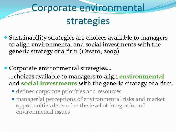 Corporate environmental strategies Sustainability strategies are choices available to managers to align environmental and