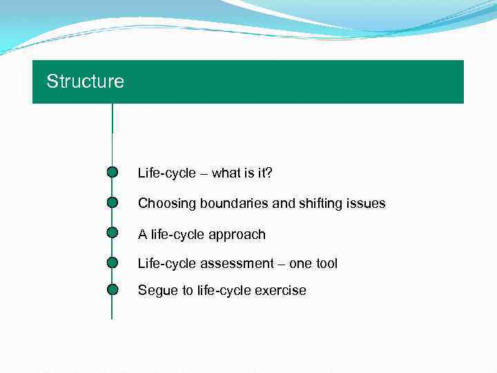 Structure Life-cycle – what is it? Choosing boundaries and shifting issues A life-cycle approach