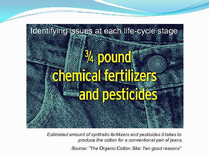 Identifying issues at each life-cycle stage Estimated amount of synthetic fertilizers and pesticides it