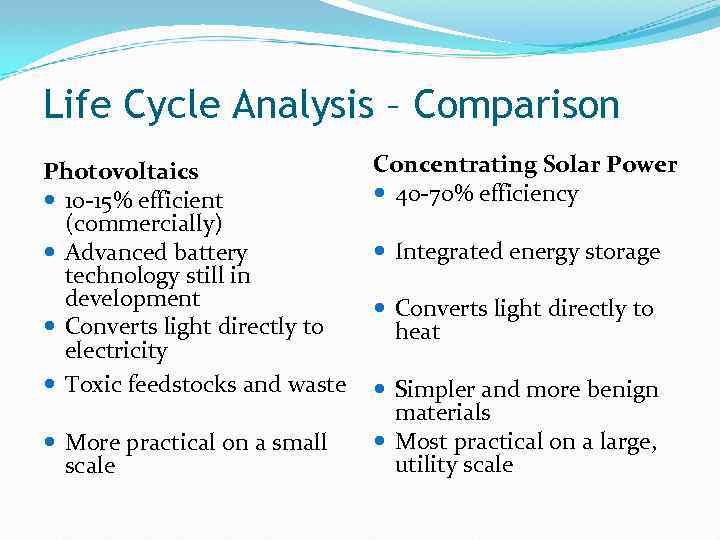 Life Cycle Analysis – Comparison Photovoltaics 10 -15% efficient (commercially) Advanced battery technology still