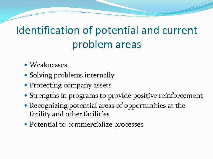 Identification of potential and current problem areas Weaknesses Solving problems internally Protecting company assets