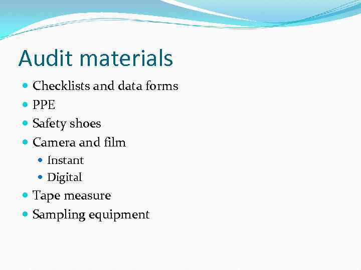 Audit materials Checklists and data forms PPE Safety shoes Camera and film Instant Digital