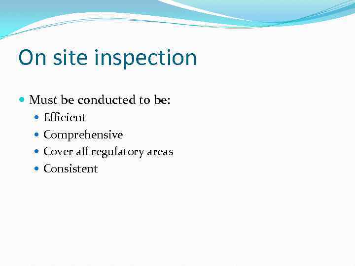 On site inspection Must be conducted to be: Efficient Comprehensive Cover all regulatory areas