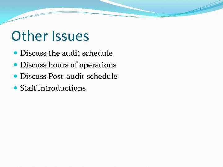 Other Issues Discuss the audit schedule Discuss hours of operations Discuss Post-audit schedule Staff