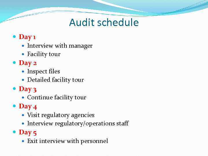 Audit schedule Day 1 Interview with manager Facility tour Day 2 Inspect files Detailed