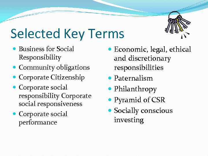 Selected Key Terms Business for Social Responsibility Community obligations Corporate Citizenship Corporate social responsibility