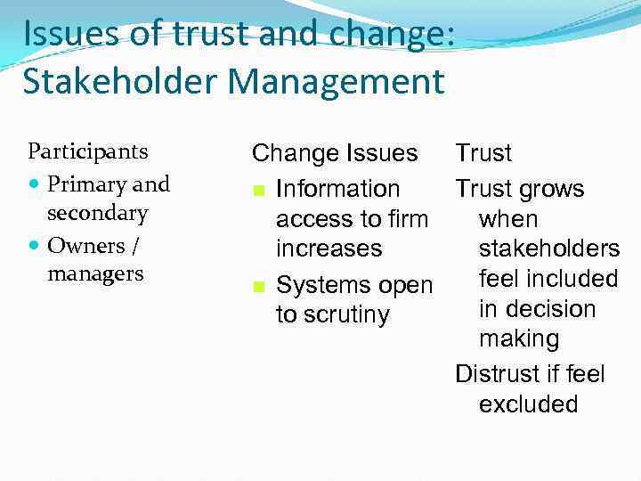 Issues of trust and change: Stakeholder Management Participants Primary and secondary Owners / managers