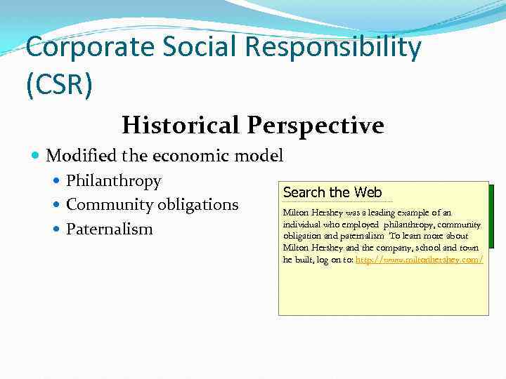 Corporate Social Responsibility (CSR) Historical Perspective Modified the economic model Philanthropy Search the Web