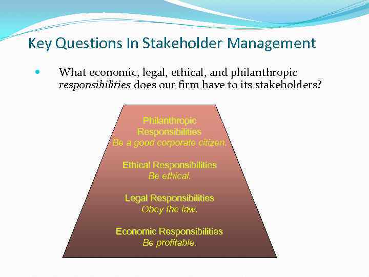 Key Questions In Stakeholder Management What economic, legal, ethical, and philanthropic responsibilities does our