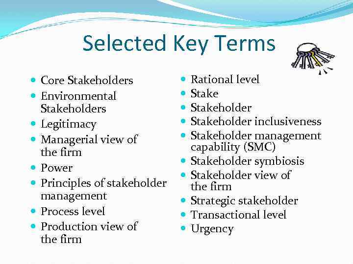 Selected Key Terms Core Stakeholders Environmental Stakeholders Legitimacy Managerial view of the firm Power