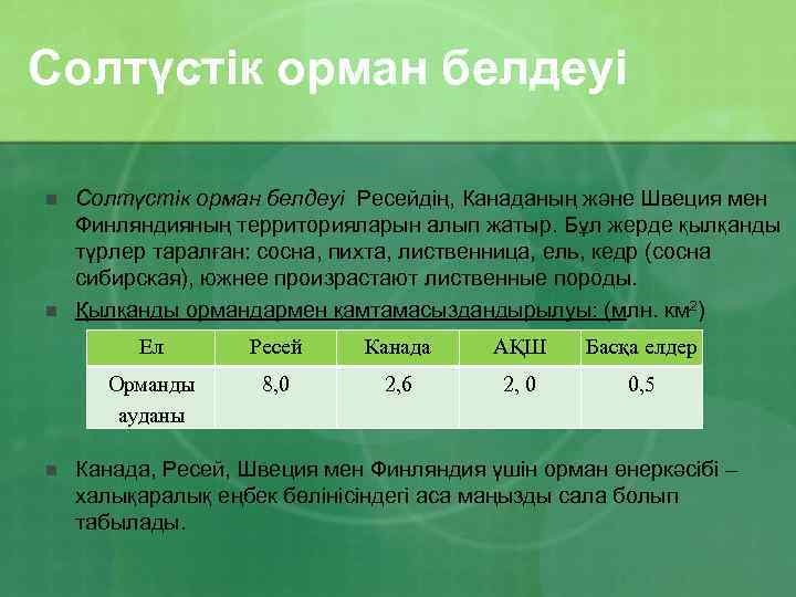 Солтүстік орман белдеуі n n Солтүстік орман белдеуі Ресейдің, Канаданың және Швеция мен Финляндияның