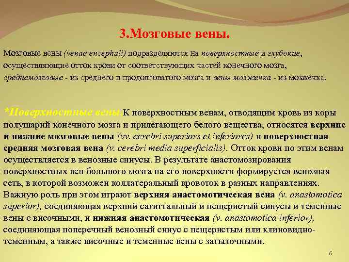 3. Мозговые вены (venae encephali) подразделяются на поверхностные и глубокие, осуществляющие отток крови от