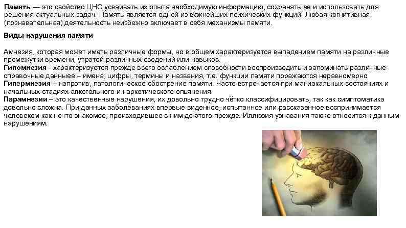 Память — это свойство ЦНС усваивать из опыта необходимую инфоpмацию, сохpанять ее и использовать