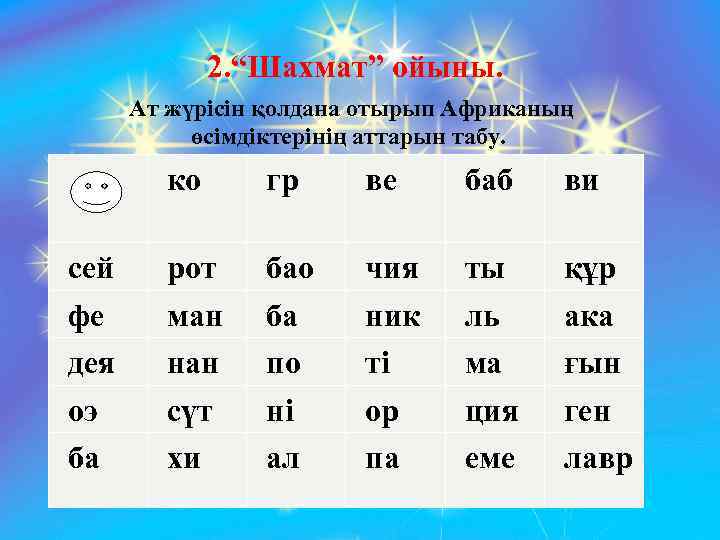 2. “Шахмат” ойыны. Ат жүрісін қолдана отырып Африканың өсімдіктерінің аттарын табу. сей фе дея