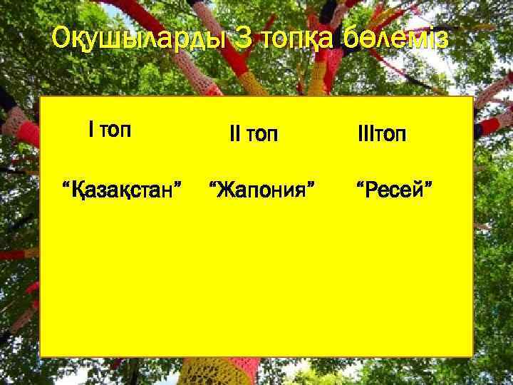 Оқушыларды 3 топқа бөлеміз І топ “Қазақстан” ІІ топ “Жапония” ІІІтоп “Ресей” 