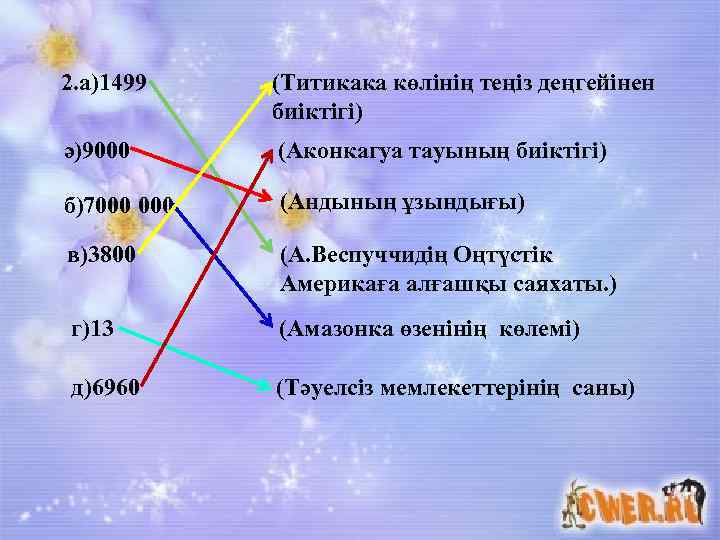 2. а)1499 (Титикака көлінің теңіз деңгейінен биіктігі) ә)9000 (Аконкагуа тауының биіктігі) б)7000 (Андының ұзындығы)