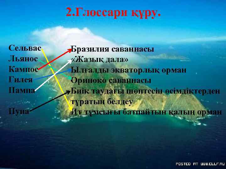 2. Глоссари құру. Сельвас Льянос Кампос Гилея Пампа Пуна Бразилия саваннасы «Жазық дала» Ылғалды