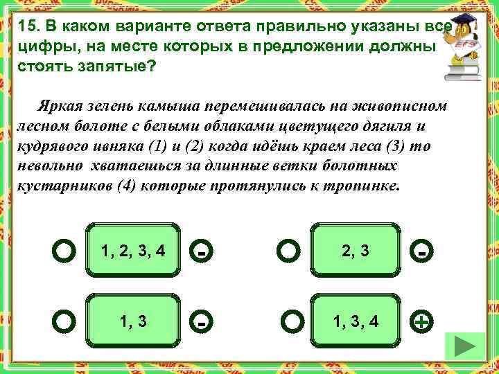 15. В каком варианте ответа правильно указаны все цифры, на месте которых в предложении