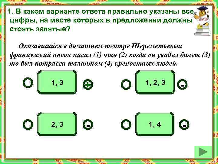 1. В каком варианте ответа правильно указаны все цифры, на месте которых в предложении