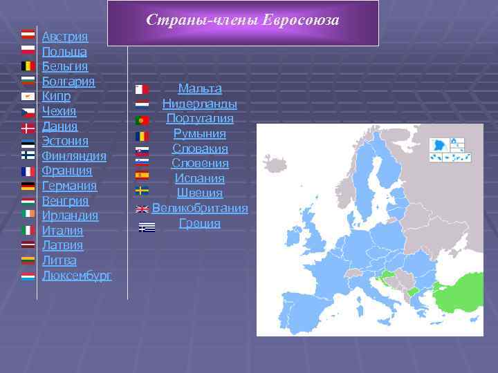Страны-члены Евросоюза Австрия Польша Бельгия Болгария Кипр Чехия Дания Эстония Финляндия Франция Германия Венгрия