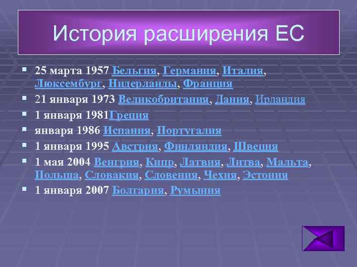 История расширения ЕС § 25 марта 1957 Бельгия, Германия, Италия, § § § Люксембург,