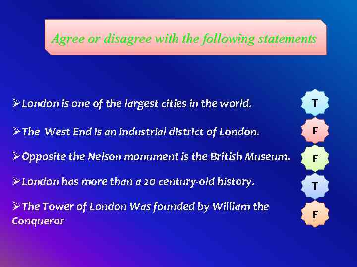 Agree or disagree with the following statements ØLondon is one of the largest cities