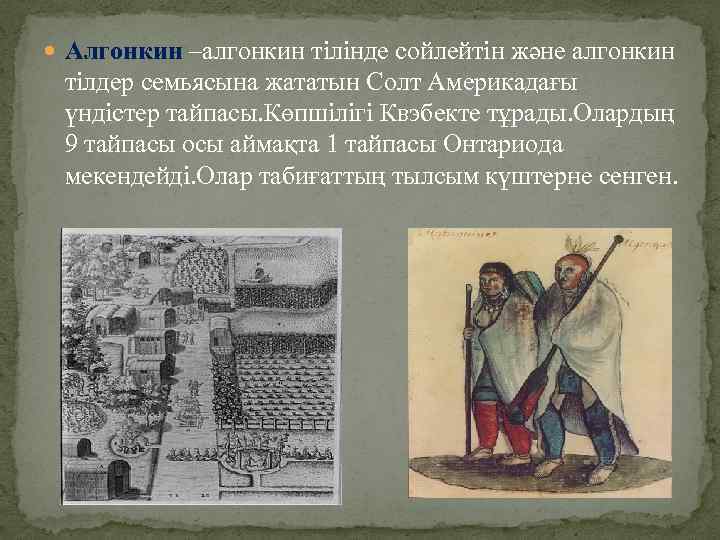  Алгонкин –алгонкин тілінде сойлейтін және алгонкин тілдер семьясына жататын Солт Америкадағы үндістер тайпасы.