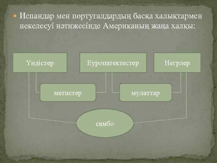  Испандар мен португалдардың басқа халықтармен некелесуі нәтижесінде Американың жаңа халқы: Үндістер Еуропатектестер метистер