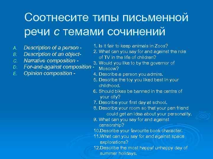 Соотнесите типы письменной речи с темами сочинений A. B. C. D. E. 1. Is