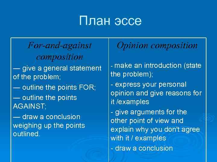 План эссе For-and-against composition — give a general statement of the problem; — outline