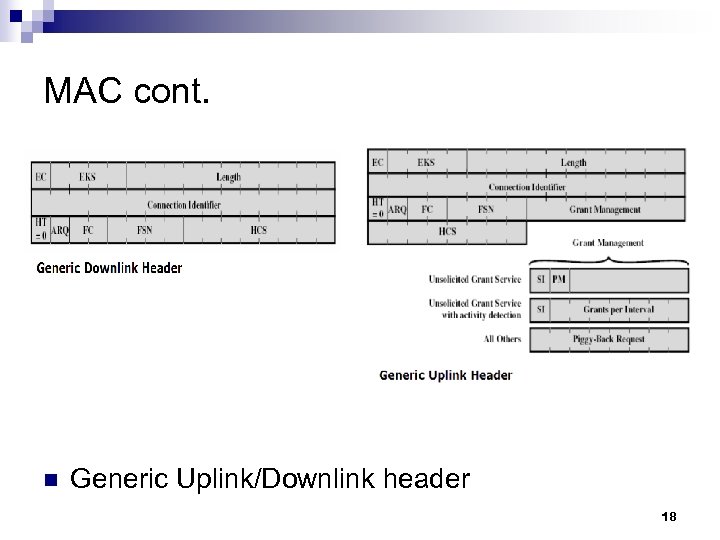 MAC cont. n Generic Uplink/Downlink header 18 