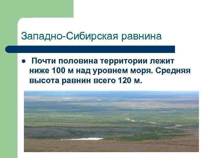 Западно-Сибирская равнина l Почти половина территории лежит ниже 100 м над уровнем моря. Средняя