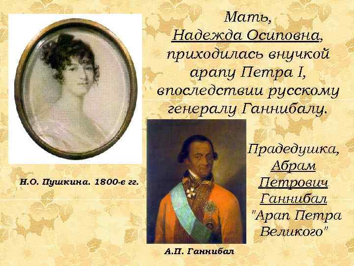 Мать, Надежда Осиповна, приходилась внучкой арапу Петра I, впоследствии русскому генералу Ганнибалу. Прадедушка, Абрам