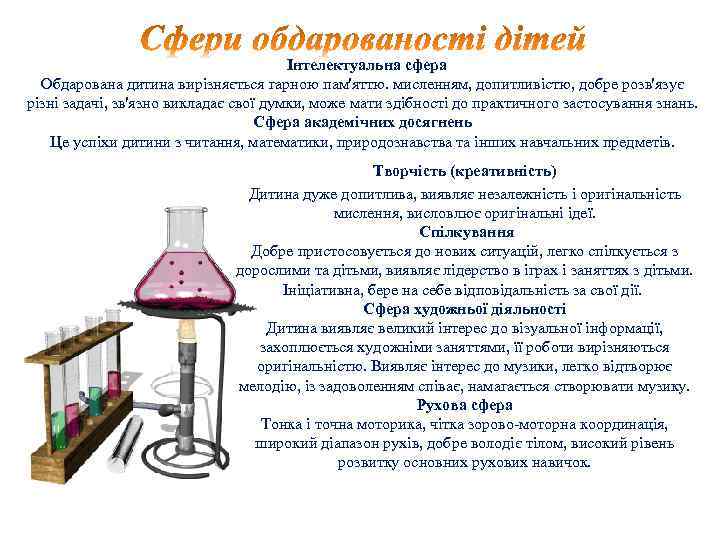  Інтелектуальна сфера Обдарована дитина вирізняється гарною пам'яттю. мисленням, допитливістю, добре розв'язує різні задачі,