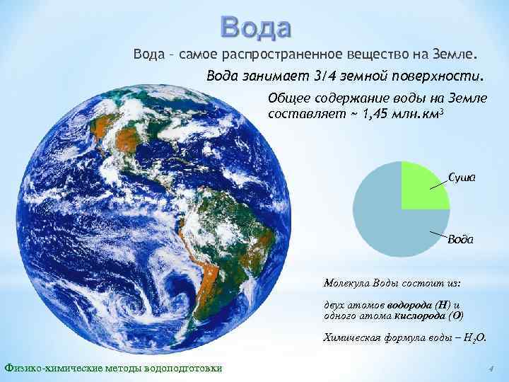 Вода – самое распространенное вещество на Земле. Вода занимает 3/4 земной поверхности. Общее содержание