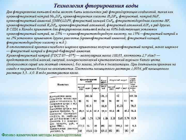 Технология фторирования воды Для фторирования питьевой воды может быть использован ряд фторсодержащих соединений, таких