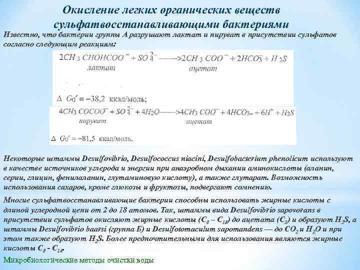 Окисление легких органических веществ сульфатвосстанавливающими бактериями Известно, что бактерии группы А разрушают лактат и