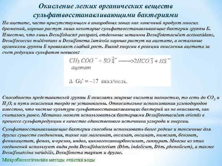 Окисление легких органических веществ сульфатвосстанавливающими бактериями На ацетате, часто присутствующем в анаэробных зонах как