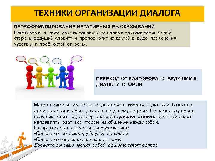 ТЕХНИКИ ОРГАНИЗАЦИИ ДИАЛОГА ПЕРЕФОРМУЛИРОВАНИЕ НЕГАТИВНЫХ ВЫСКАЗЫВАНИЙ Негативные и резко эмоционально окрашенные высказывания одной стороны