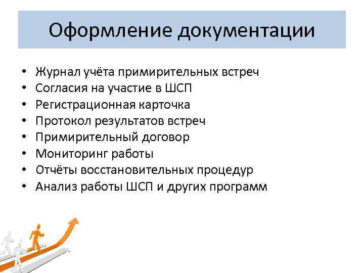 Оформление документации • • Журнал учёта примирительных встреч Согласия на участие в ШСП Регистрационная