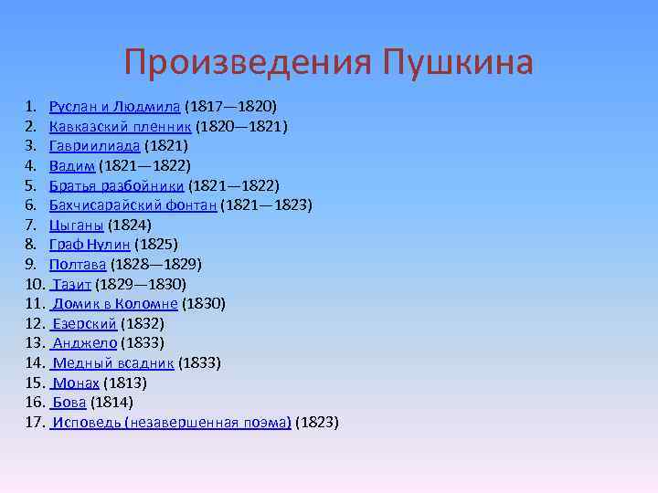 Произведения пушкина список