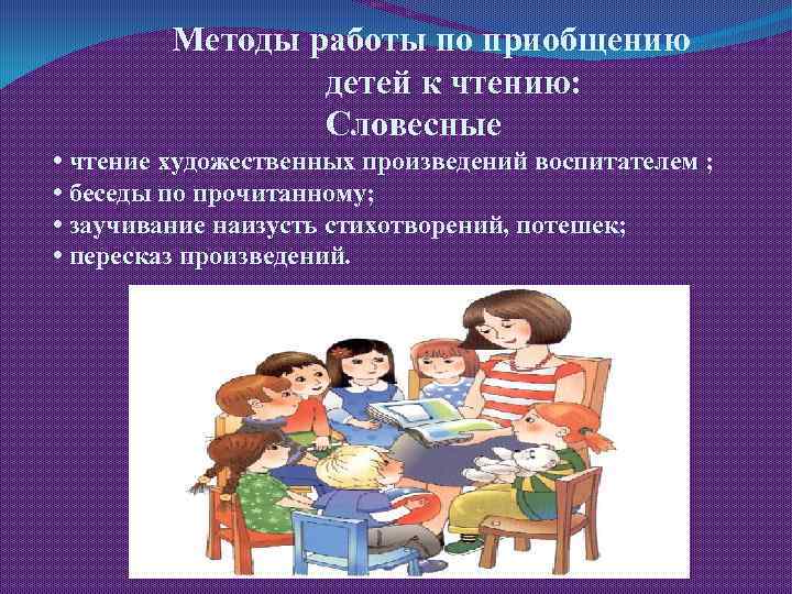 Методы работы по приобщению детей к чтению: Словесные • чтение художественных произведений воспитателем ;