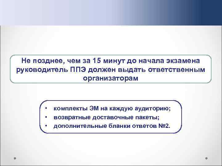 Не позднее, чем за 15 минут до начала экзамена руководитель ППЭ должен выдать ответственным