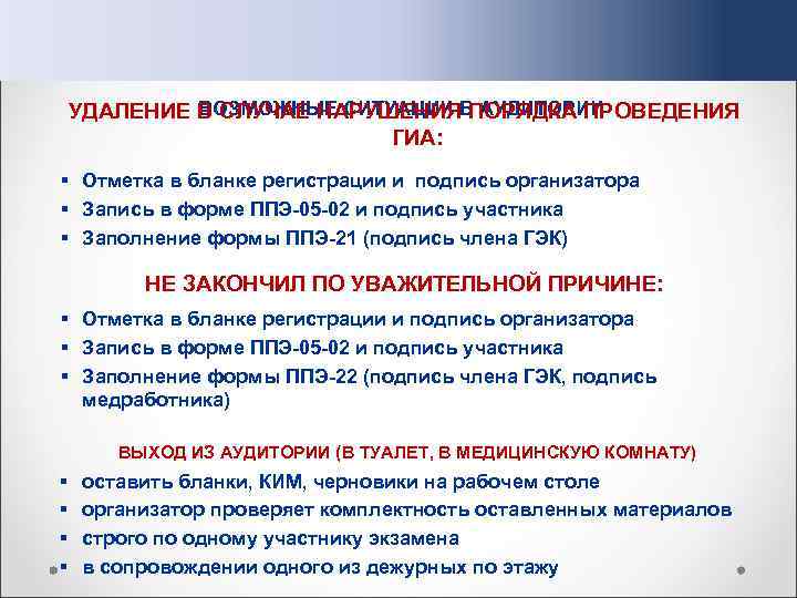 ВОЗМОЖНЫЕ СИТУАЦИИ В АУДИТОРИИ УДАЛЕНИЕ В СЛУЧАЕ НАРУШЕНИЯ ПОРЯДКА ПРОВЕДЕНИЯ ГИА: § Отметка в