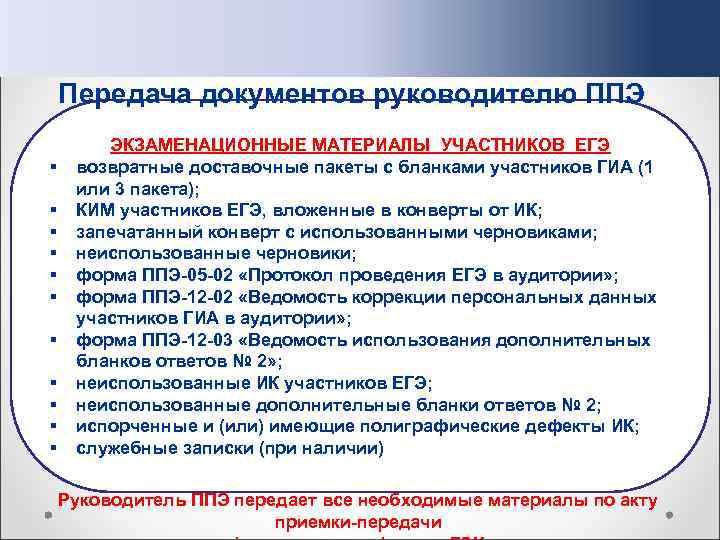 Передача документов руководителю ППЭ § § § ЭКЗАМЕНАЦИОННЫЕ МАТЕРИАЛЫ УЧАСТНИКОВ ЕГЭ возвратные доставочные пакеты
