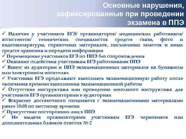 Основные нарушения, зафиксированные при проведении экзамена в ППЭ ü Наличие у участников ЕГЭ/ организаторов/