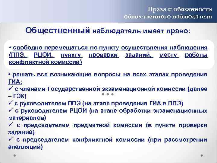 Права и обязанности общественного наблюдателя Общественный наблюдатель имеет право: • свободно перемещаться по пункту