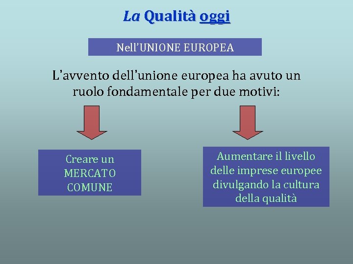 La Qualità oggi Nell’UNIONE EUROPEA L’avvento dell’unione europea ha avuto un ruolo fondamentale per