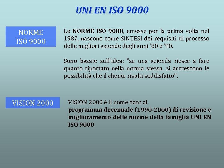 UNI EN ISO 9000 NORME ISO 9000 Le NORME ISO 9000, emesse per la